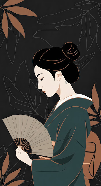 Elegant Japanese Geisha Illustration with Fan and Leaves - Free mobile Wallpaper