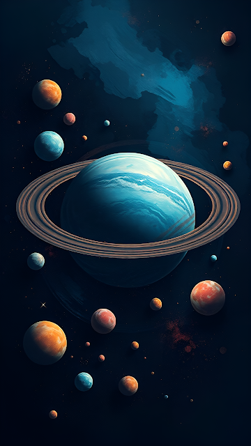 Ringed blue planet surrounded by floating celestial bodies - Free mobile Wallpaper