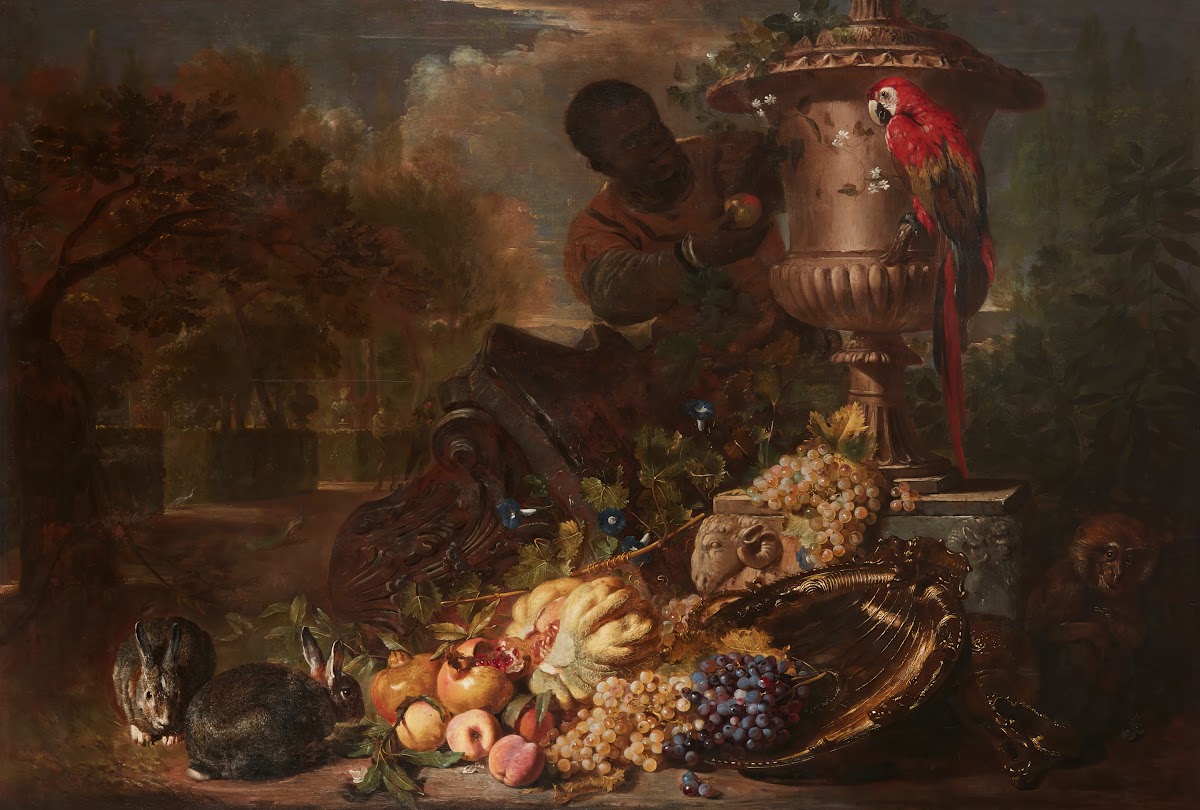A Still Life of Fruit on a Silver Dish with Figure Rabbits Parrot and Monkey Ben