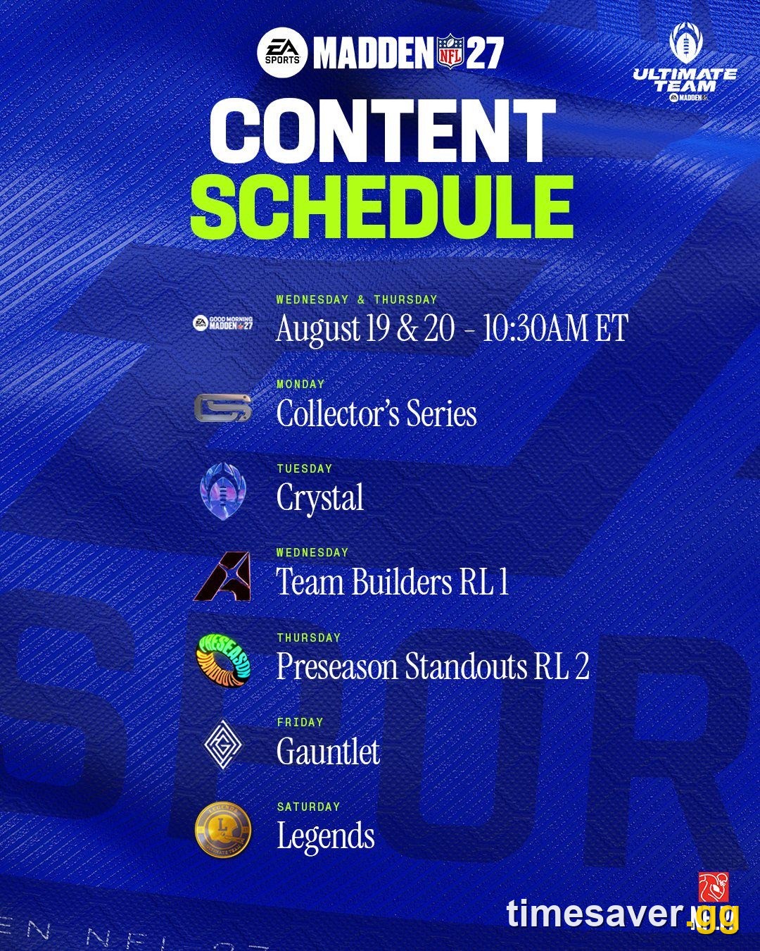 Official EA SPORTS Madden NFL 27 Ultimate Team content schedule graphic showing Collector's Series on Monday, Crystal on Tuesday, Team Builders RL 1 on Wednesday, Preseason Standouts RL 2 on Thursday, Gauntlet on Friday and Legends on Saturday