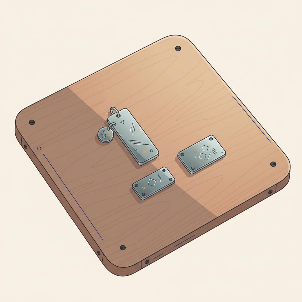 Nahaufnahme eines stylischen Holztisches mit personalisierten Metallanhängern und kleinen Plaketten, warmes Morgenlicht, minimalistisch, Akzente in #0044CC und #ff9800, geschenkideen hochzeitstag