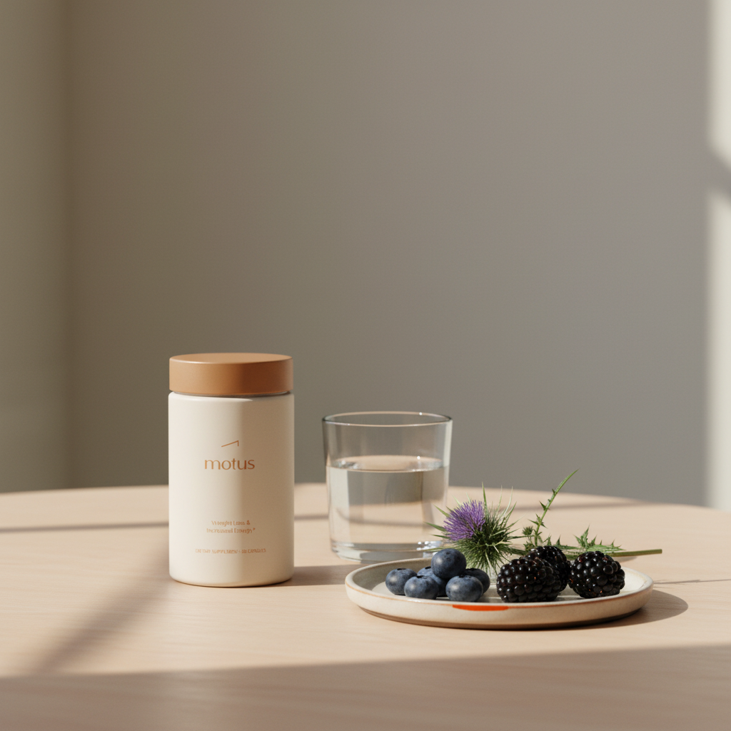 Minimalist close-up of Motus supplement jar on a light wooden table with a glass of water, berries and a milk thistle sprig in Tonum brand colors — over the counter weight loss pills