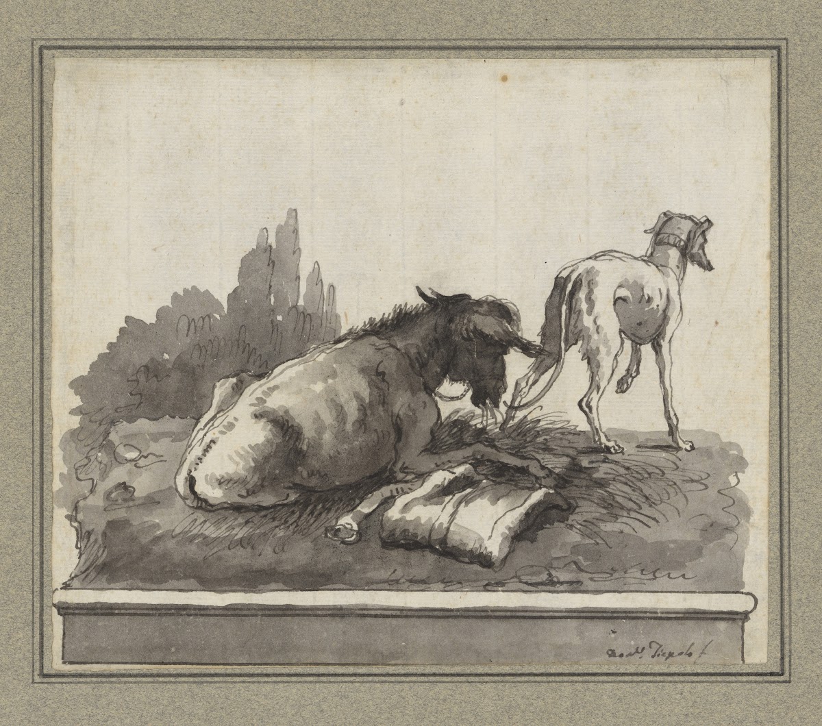 A Donkey Lying on the Grass with an Italian Greyhound on a Base late 18th centur