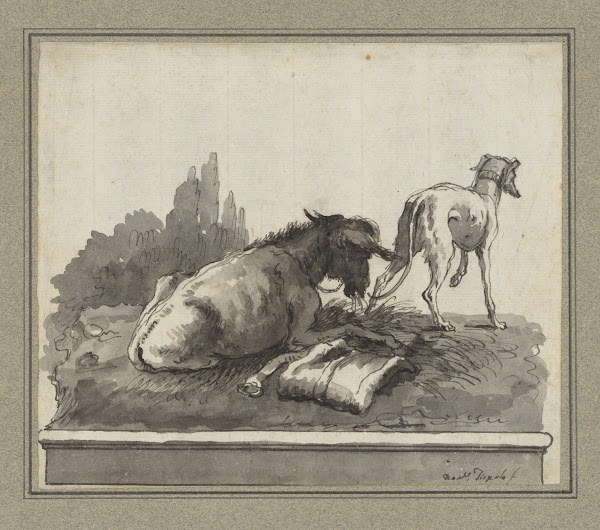 A Donkey Lying on the Grass with an Italian Greyhound on a Base late 18th centur