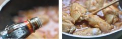 Thêm 1 muỗng cà phê nước tương, muối và 1 muỗng cà phê đường vừa ăn rồi đảo đều. Khi thấy hỗn hợp sốt bắt đầu sôi thì đậy vung và hạ nhỏ lửa, rim khoảng 30 phút.