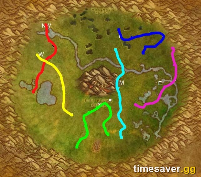 Annotated WoW Classic gold-farming route map showing multiple grind paths across a zone