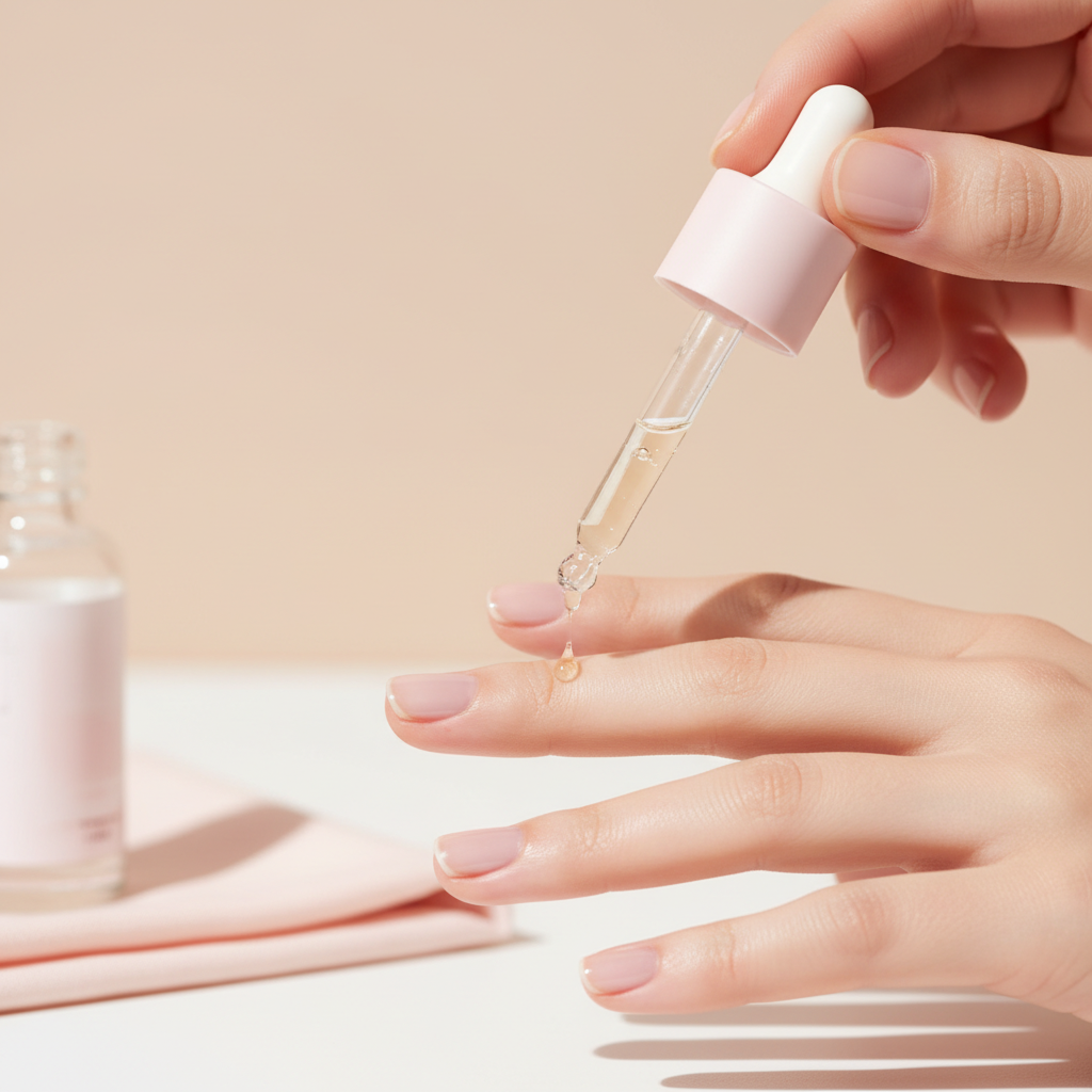 Nahaufnahme einer Hand, die Nagelöl mit Pipette aufträgt; Fokus auf Fingernagelplatten und weiche Nägel vor minimalistischem weißen Hintergrund mit softem Rosa-Akzent.