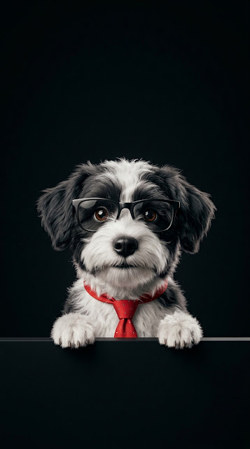 Black and White Dog Wearing Glasses and Red Tie Peeking Over Edge - Free mobile Wallpaper