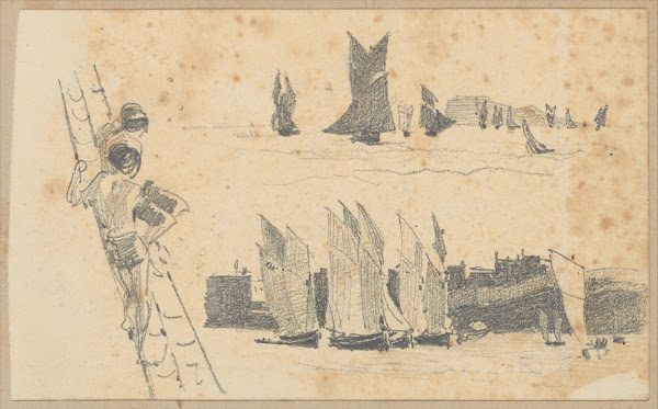 Two Men in Ships Rigging Two Scenes with Sailboats circa 1875