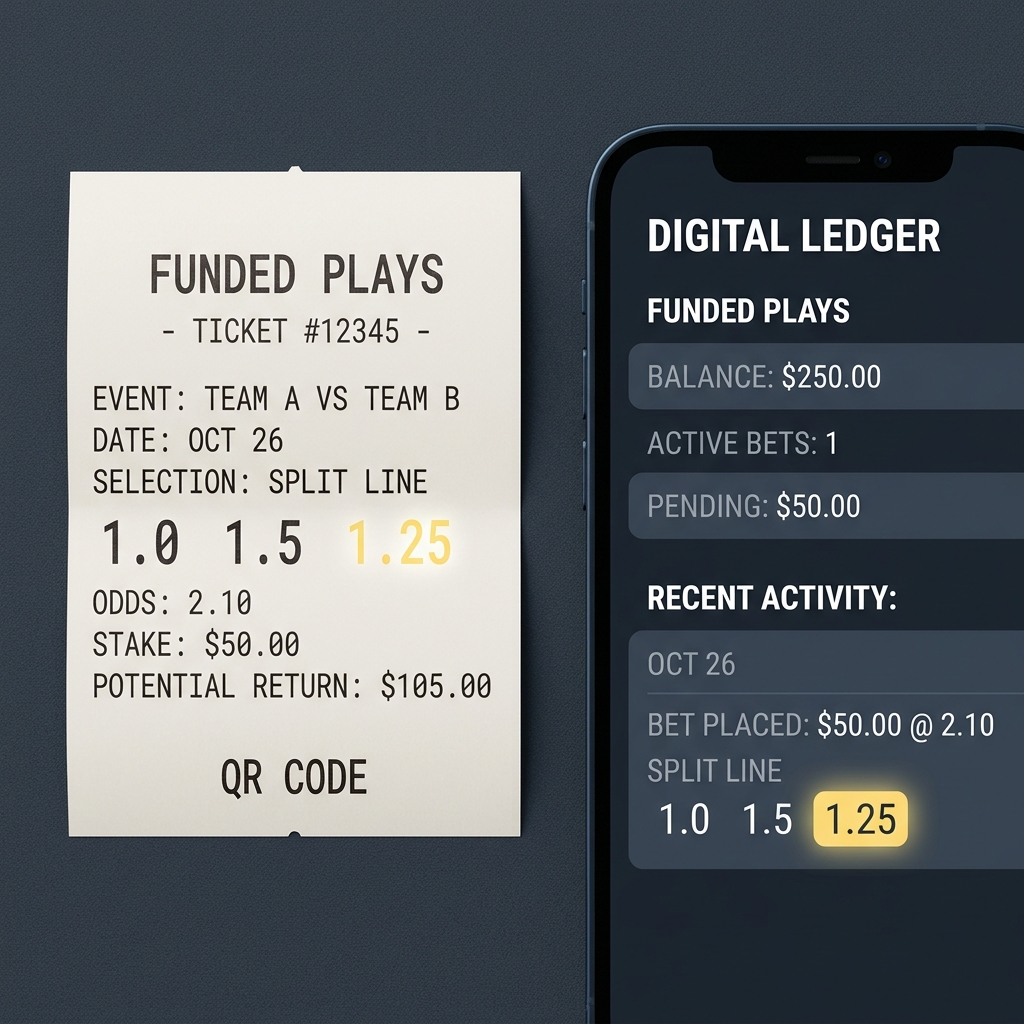 Close up photo of a betting ticket and digital ledger showing a split line 1.0 1.5 with a highlighted 1.25 label in gold accent, minimalist Funded Plays style asian handicap soccer