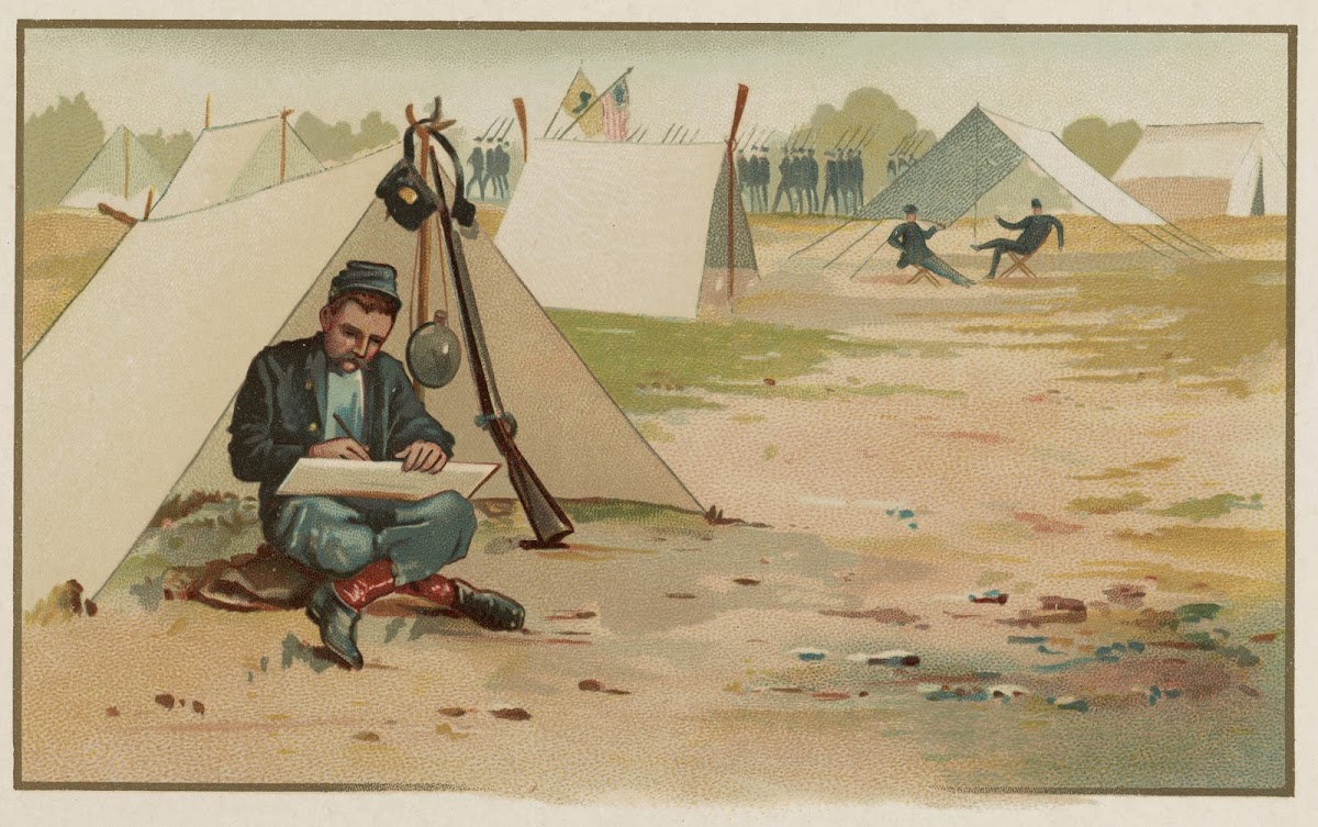 Union soldier making a drawing while sitting in front of tent at army camp 1888