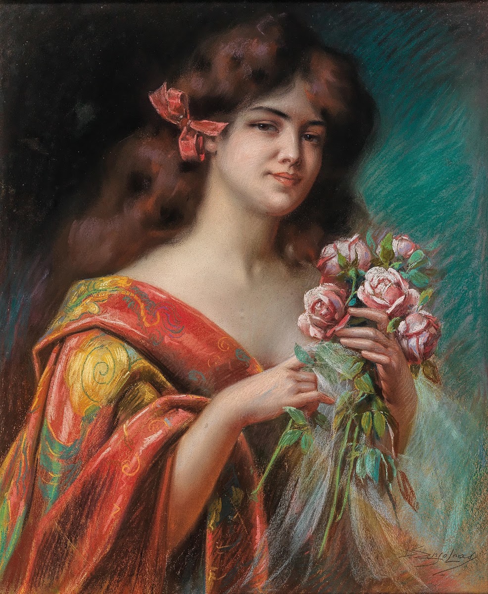 Portrait of a Lady in a Negligee Holding Roses