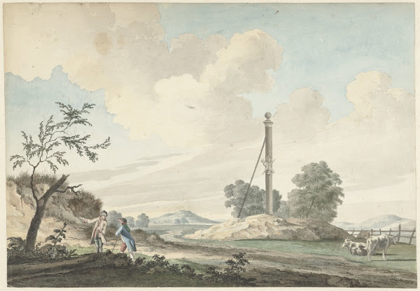 Landschap bij de duinen met een mijlpaal en twee wandelaars 1765