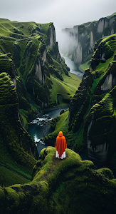Vast and Epic High-Angle View of a Person in an Orange Cloak Overlooking a Deep Green River Canyon in Heavy Mist