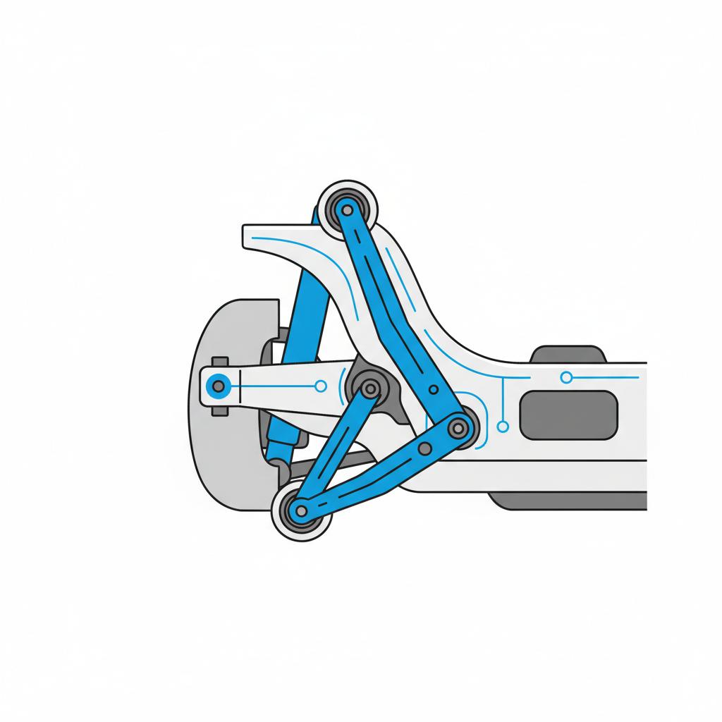 Minimalist 2D vector close up of car suspension and shared chassis mounting points under vehicle lexus es 350 for sale in white and blue brand colors