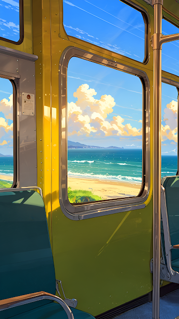 Coastal Train Ride Window View Anime Aesthetic - Free mobile Wallpaper