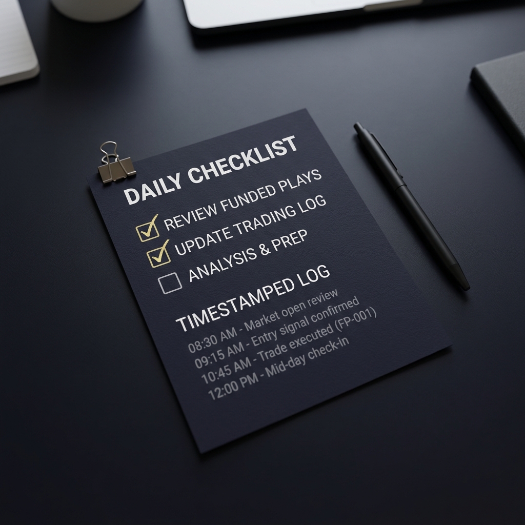 Close up of a checklist and timestamped log entries on a minimalist Funded Plays dark background illustrating How the FundedPlays Evaluation Process Works with muted gray text and soft yellow accents