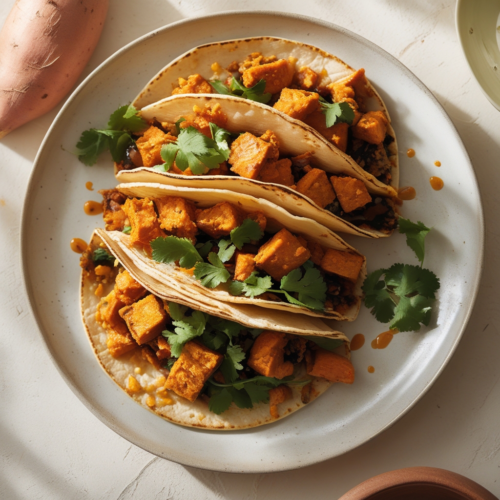 Buffalo Tempeh Tacos with Sweet Potato & Smoky Black Bean Slaw