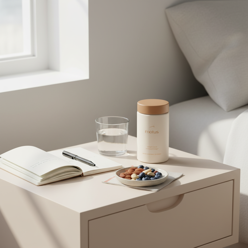 Minimal bedside scene with Motus supplement bottle, notebook, glass of water and whole-food snacks, in soft natural light and Tonum palette, promoting habits to burn belly fat fast