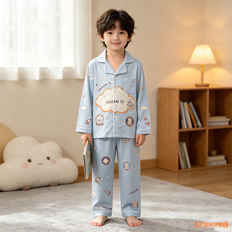 AOP Long Milk Silk Pajama Set With Pockets For Kids