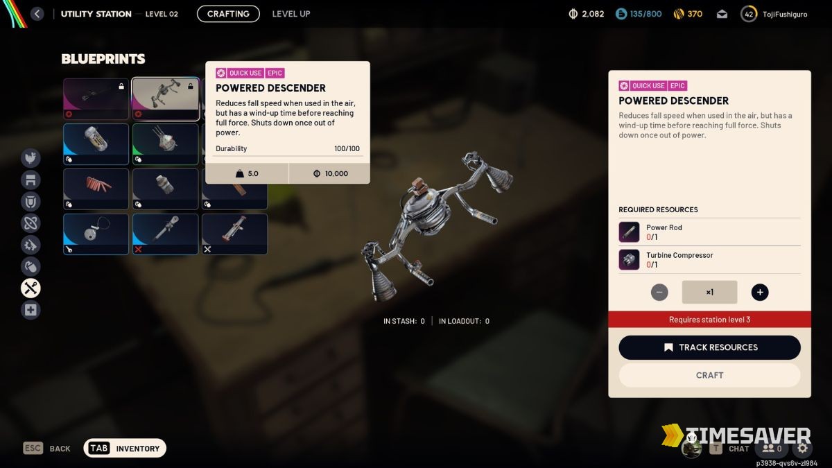 ARC Raiders Utility Station crafting screen showing the Powered Descender recipe requiring a Power Rod and a Turbine Compressor