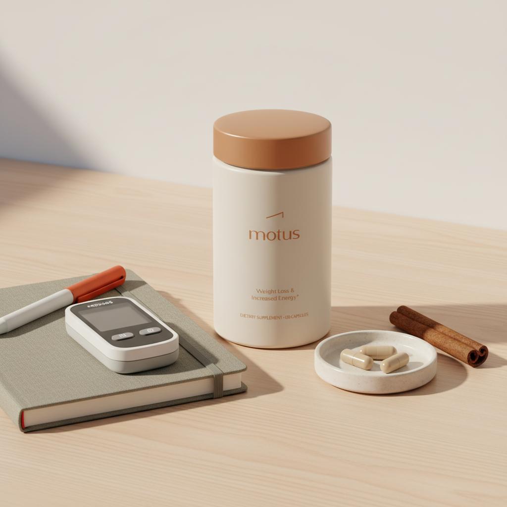 Tonum Motus supplement container on a light wood surface next to a glucometer, notebook, small dish with capsules and a cinnamon stick – lifestyle image for best supplements for blood sugar control