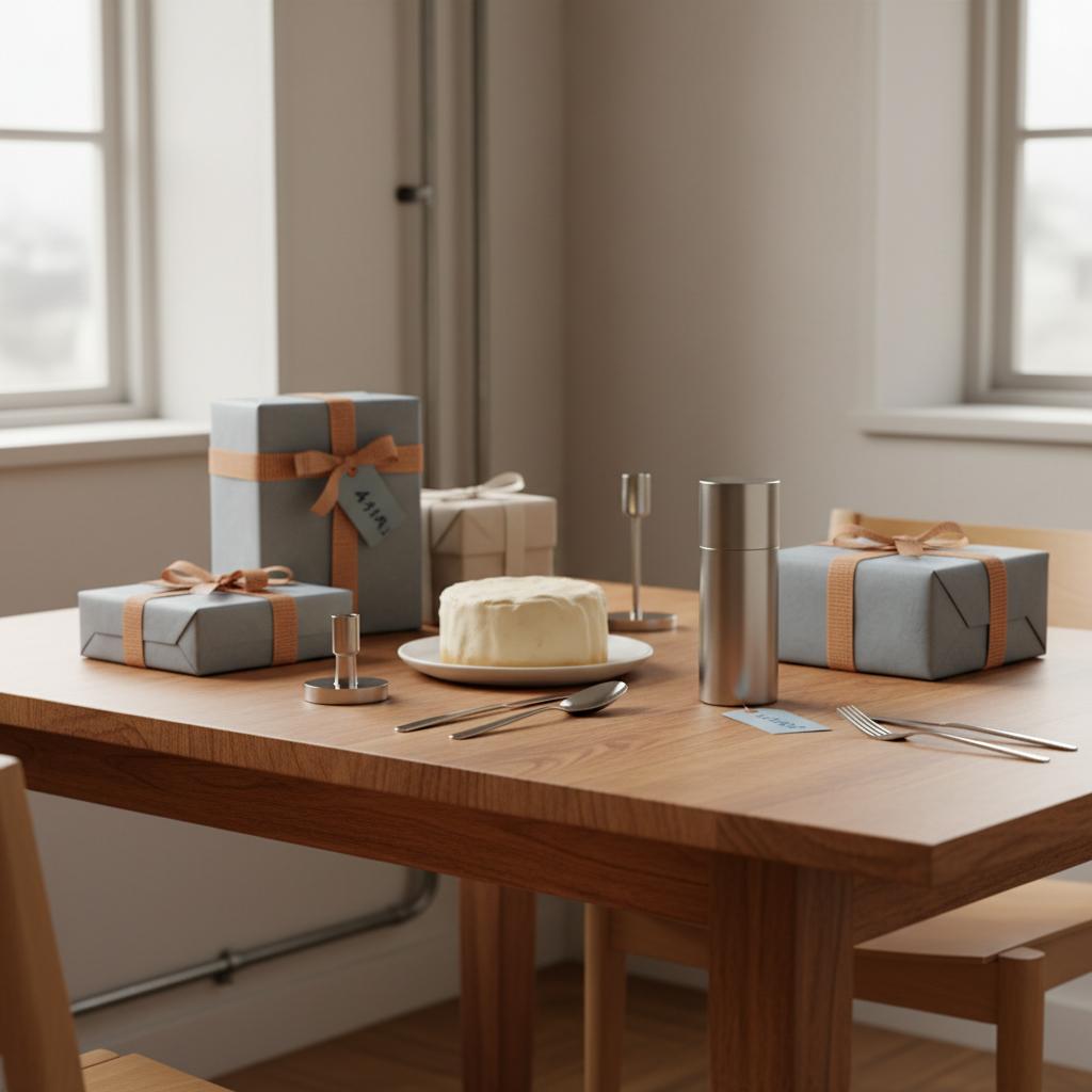 Detailaufnahme Esstisch mit Geschenken, simplen Vanillekuchen und metallischen Accessoires in warmem Licht, Holzoberfläche und subtilen Steelmonks-Farben – schutzengel gesundheit