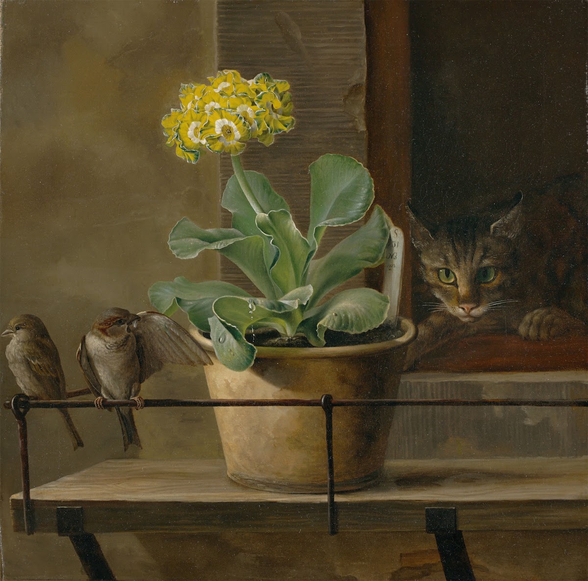 Still life with a primrose in a flowerpot a cat and two sparrows 1823