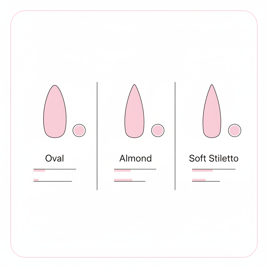 Welche Nagelform macht Hände schlanker – schlichte 2D-Vektorinfografik mit drei Nagelkonturen (Oval, Mandel, Soft Stiletto) in NailX-Farben.