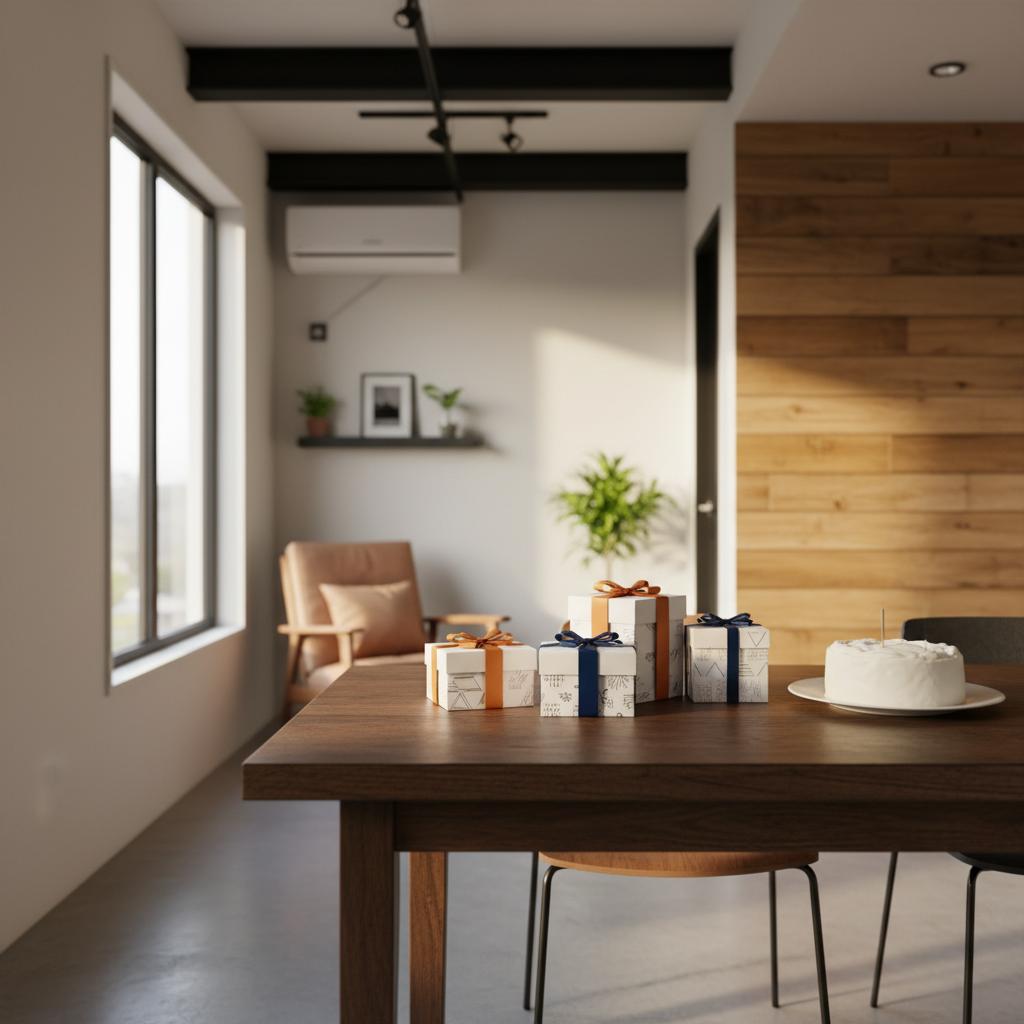 Geschenkideen für Lehrerin: Esstisch mit mehreren kleinen Geschenkboxen und einfachem Vanillekuchen, warmes Licht, Holz- und Metalldetails, minimalistisches Interieur