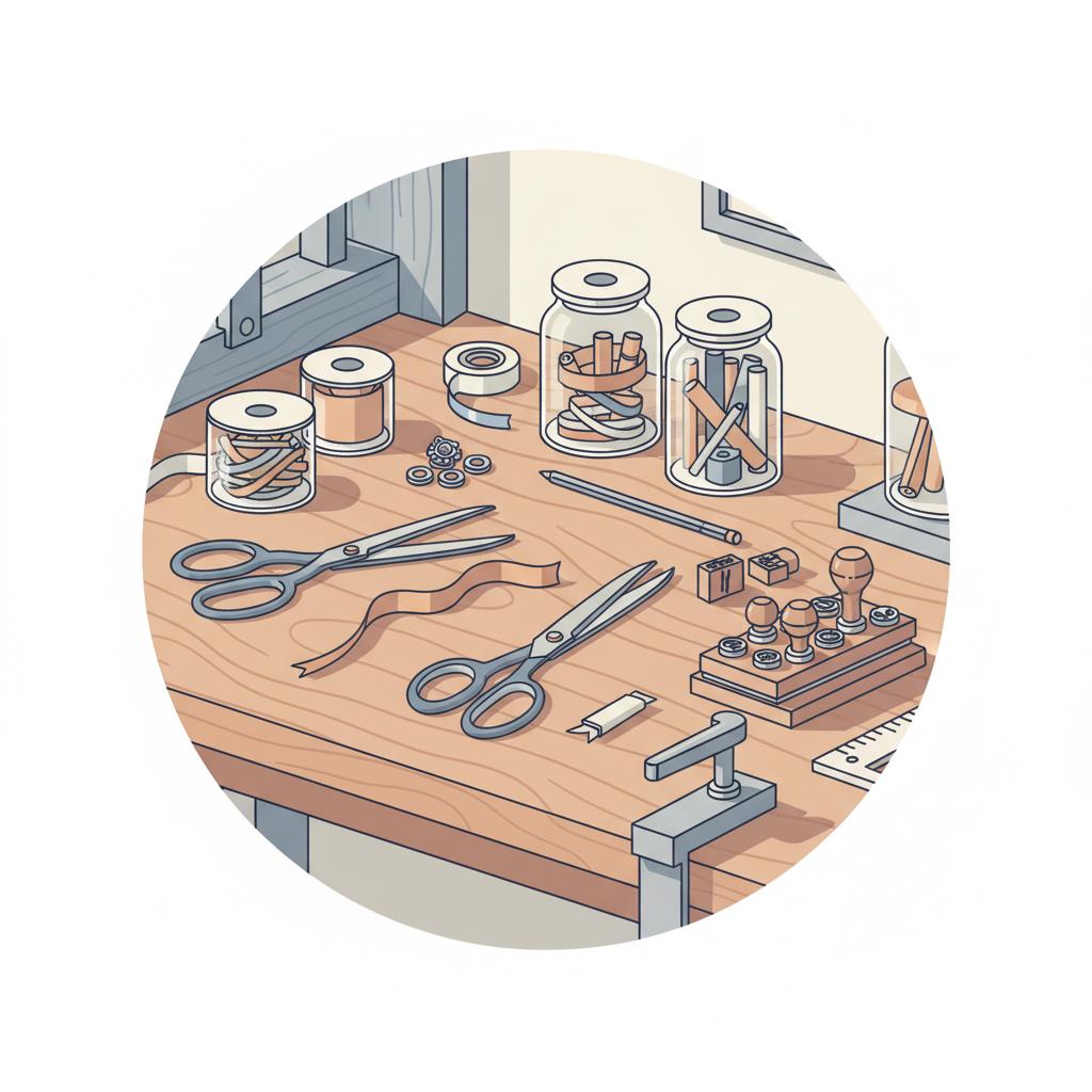 Minimalistische Werkbank-Detailaufnahme mit Scheren, Bändern, Glasbehältern, Metallplättchen und Stempeln in warmem Industrie-Stil für selbstgemachte geschenke freundin.