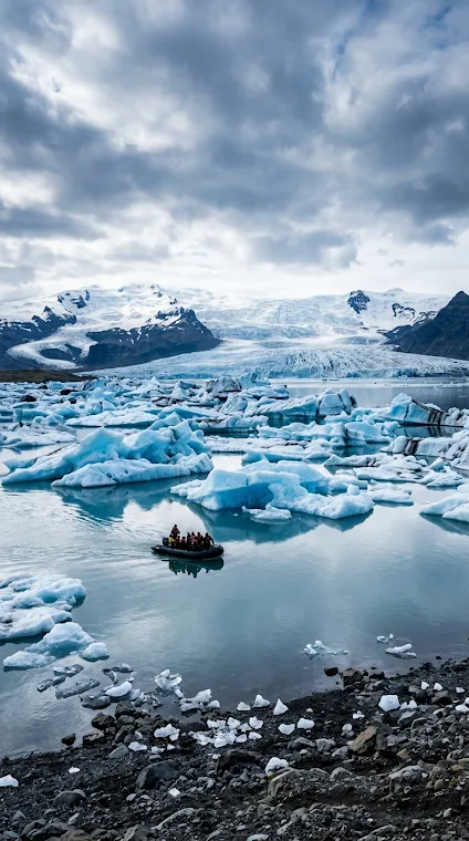 Jökulsárlón Glacial Lagoon with Icebergs and Boat