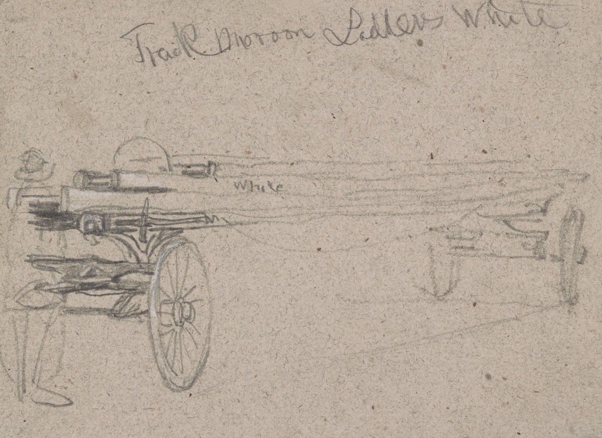 Firefighter standing next to a ladder carriage 1850 1860