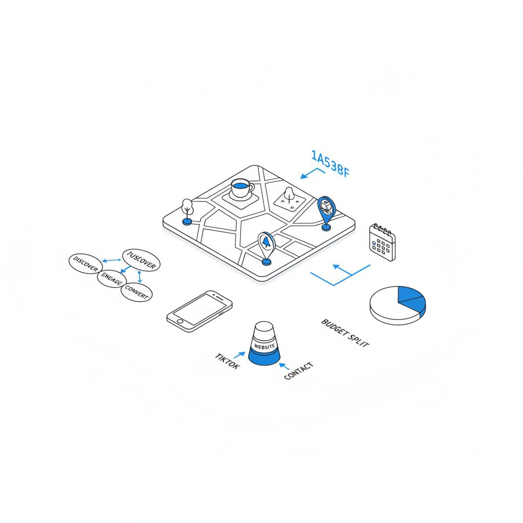 Minimal 2D isometric vector planner showing a local map with coffee shop, park, and commuter rail stops, arrows to a phone icon and small calendar to promote real estate on TikTok