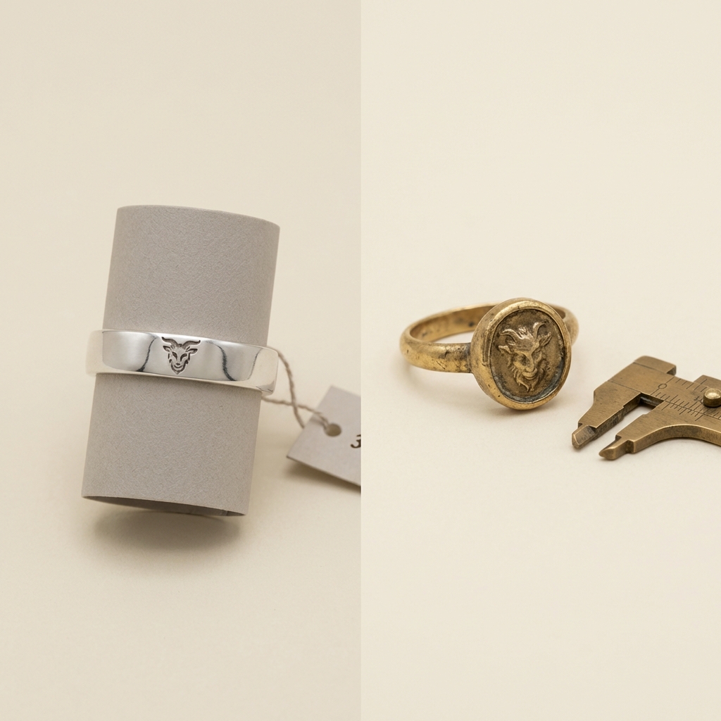 Side by side image of a faun engraved ring showing left printed engraving proof wrapped around a modern ring band and right museum catalogue style bezel with small faun motif