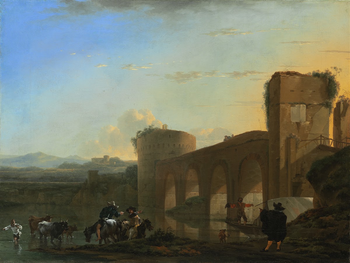 The Tiber River with the Ponte Molle at Sunset c 1650