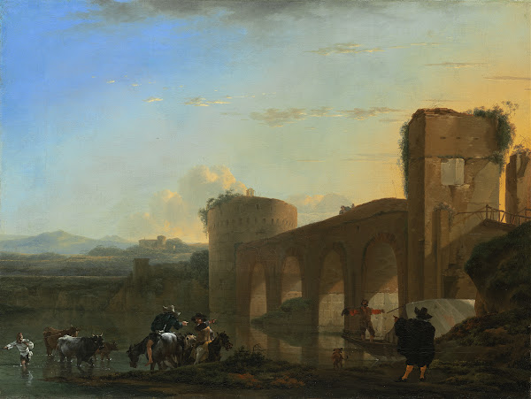 The Tiber River with the Ponte Molle at Sunset c 1650