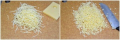 Phô mai bào sợi rồi cắt nhuyễn. Cho 40g đường, 3g muối vào âu lớn cùng 70g bơ lạt, dùng phới trộn thật đều hỗn hợp dần chuyển sang màu sáng. Cho phô mai đã cắt vào cùng bột mì đã rây. Trộn thật đều một lần nữa và nhanh chóng nhào bột thành một khối dẻo mịn (cần thực hiện nhanh để bơ, phô mai không chảy). Cán bột thành miếng hình chữ nhật vuông có độ dày 5mm.