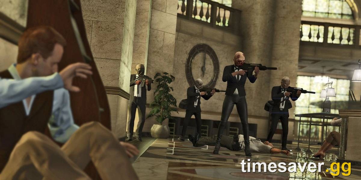 GTA Online heist crew in suits holding hostages at gunpoint during a bank finale