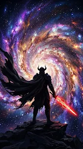 Darth Vader Silhouette Facing a Swirling Vibrant Cosmic Nebula