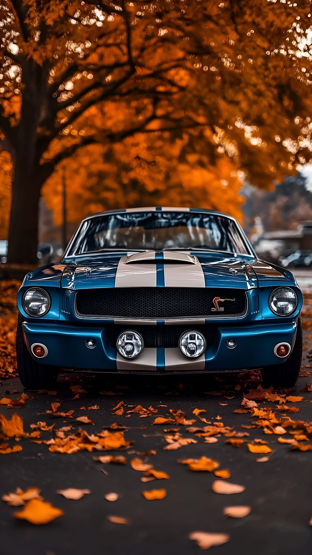 Blue Mustang with White Stripes in Autumn Forest - Free 4K mobile Wallpaper