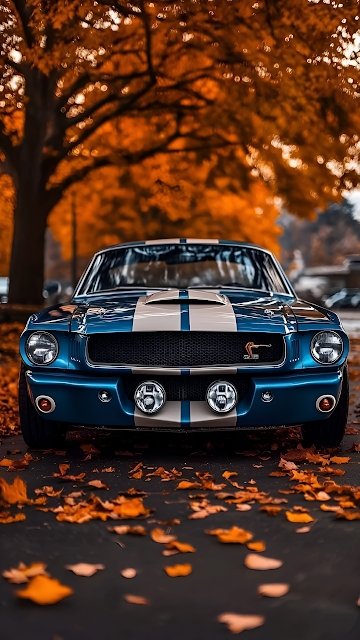 Blue Mustang with White Stripes in Autumn Forest - Free mobile Wallpaper