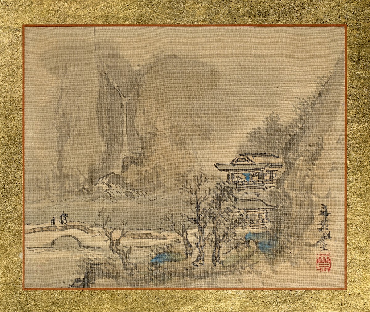 An Old Man and an Attendant heading to a two story Mansion at the Shore 1815