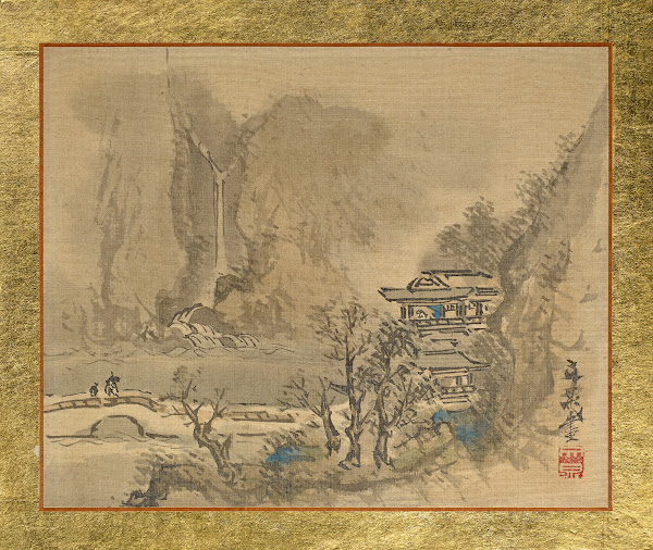 An Old Man and an Attendant heading to a two story Mansion at the Shore 1815