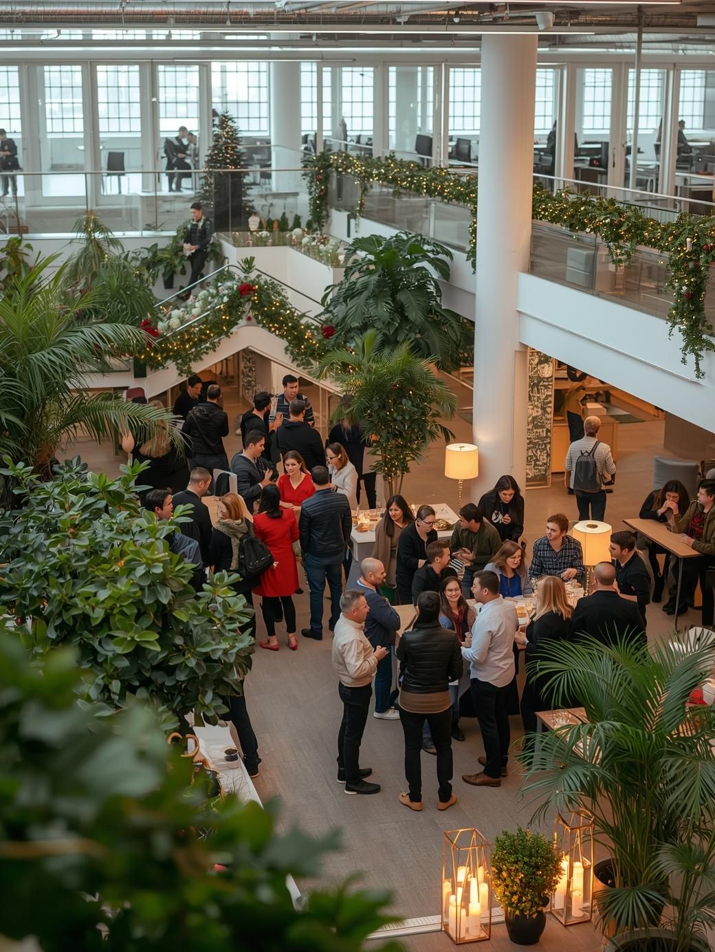 Team celebrating year-end in a space with plants, lights, and garlands