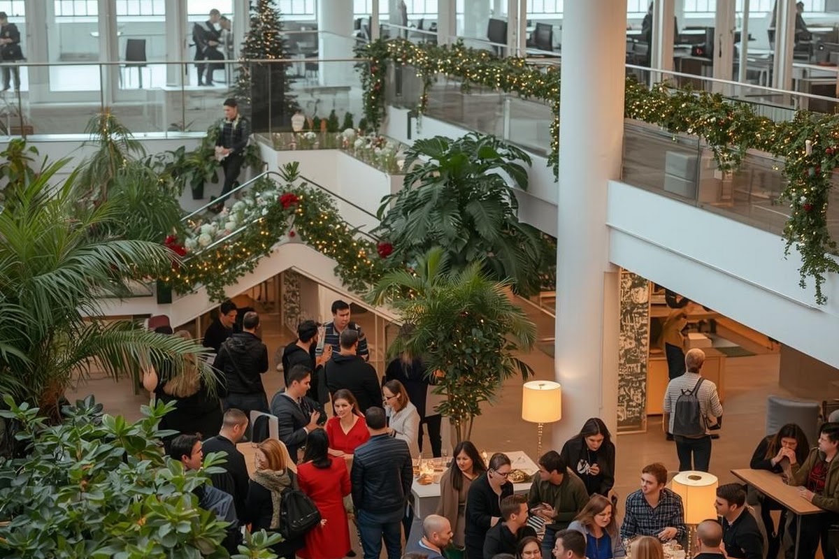 Equipo celebrando el fin de año en un atrio decorado con guirnaldas, plantas y velas