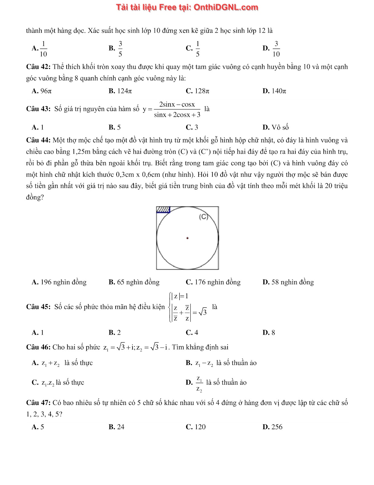 475 bài tập môn Toán - Ôn thi ĐGTD ĐH Bách Khoa Hà Nội Phần 19
