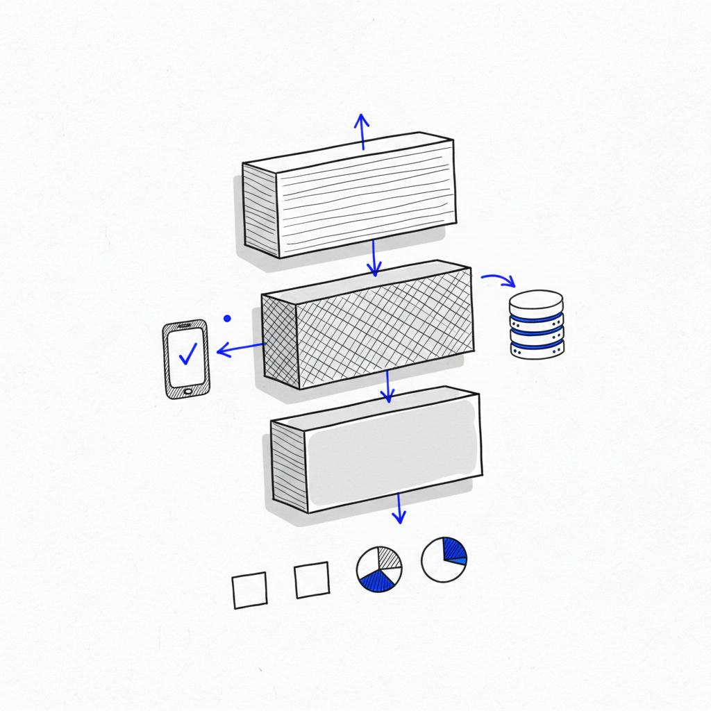 Close-up notebook sketch of three stacked pricing tiers (raw contacts, MQLs, SQLs) with phone verification and enrichment icons, cost per lead