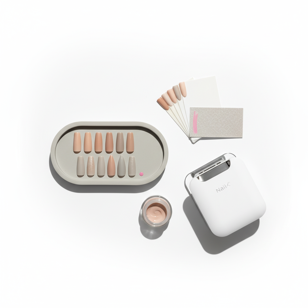 Close-up Flatlay einer Pinzettenschale mit Nageltips, Farbkarten (Nude, Greige, Metallic-Finish), offenem Gel-Töpfchen und LED-Lampe auf weißem Hintergrund – Gelnägel Trends 2025