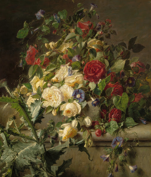 Bloeiende rozen over een oude balustrade 1834 1895